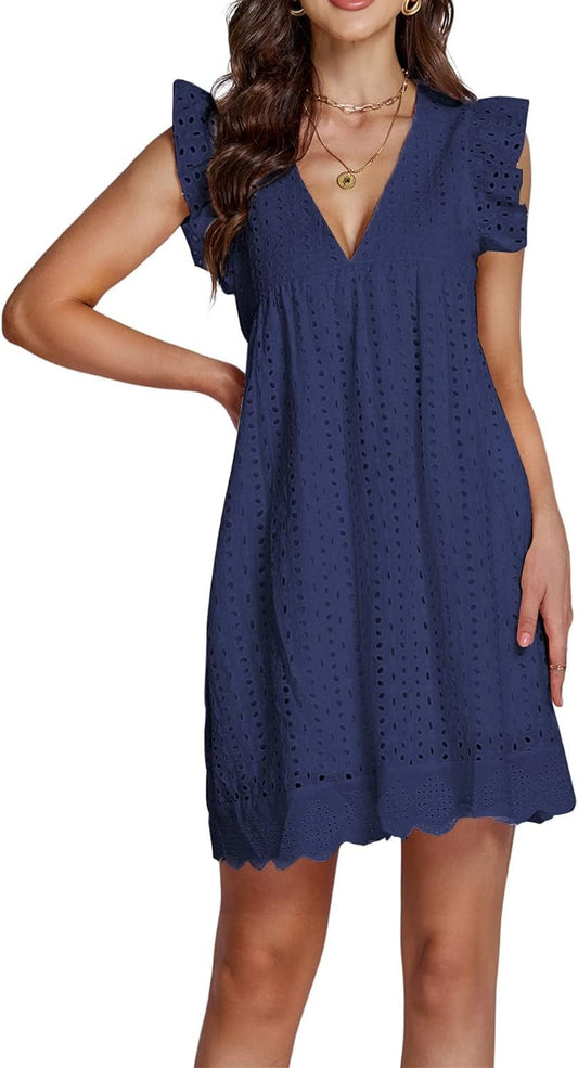 LYANER Women'S Elegant Eyelet V Neck Ruffle Cap Sleeve Tank Babydoll a Line Mini Dresses Royal Blue Large