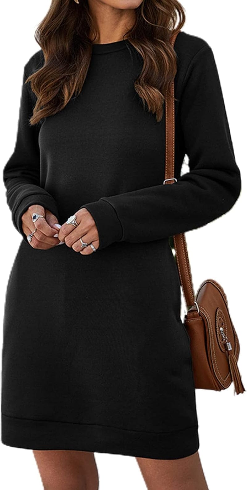 LYANER Women'S Sweatshirt Dress Crewneck Long Sleeve Loose Fit Mini Sweat Shirt Dress with Pockets Black / Small