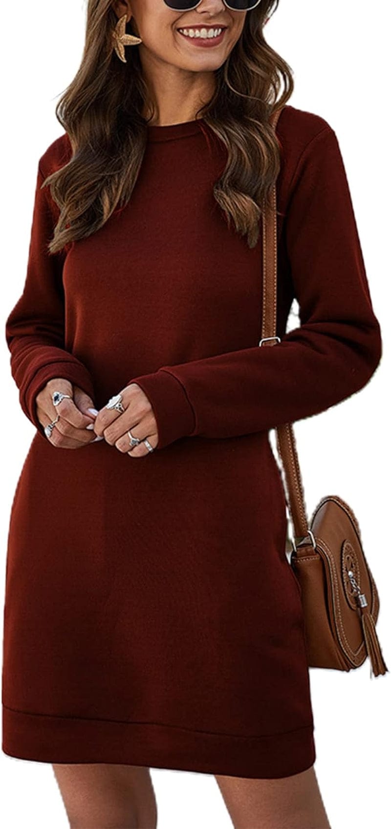 LYANER Women'S Sweatshirt Dress Crewneck Long Sleeve Loose Fit Mini Sweat Shirt Dress with Pockets Burgundy / Large