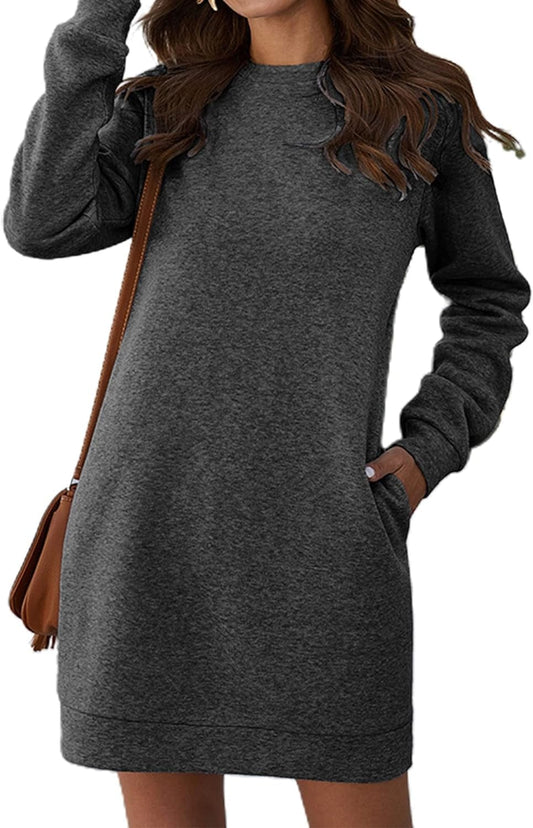 LYANER Women'S Sweatshirt Dress Crewneck Long Sleeve Loose Fit Mini Sweat Shirt Dress with Pockets