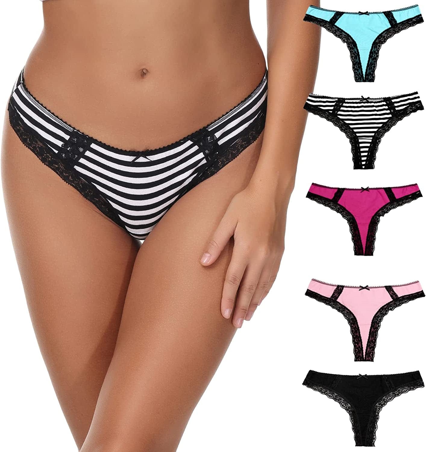 LYYTHAVON 5 Pack Cotton Thongs for Women, T-Back Thongs G-String Panties Cotton Thongs B,5 Pack / Medium