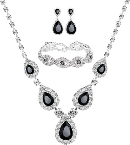 M MIRACULOUS GARDEN 3/4 Pieces Women Jewelry Set Rhinestone Tiara Crown Necklace Bangle Bracelet Crystal Teardrop Dangle Earrings and Rhinestone Handbag for Wedding Party Silver Plated Black Crystal Necklace Bracelet Earrings
