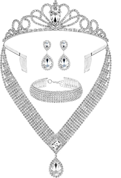 M MIRACULOUS GARDEN 3/4 Pieces Women Jewelry Set Rhinestone Tiara Crown Necklace Bangle Bracelet Crystal Teardrop Dangle Earrings and Rhinestone Handbag for Wedding Party Silver Plated Rhinestone Crystal Tiara Crown Necklace Bracelet Earrings