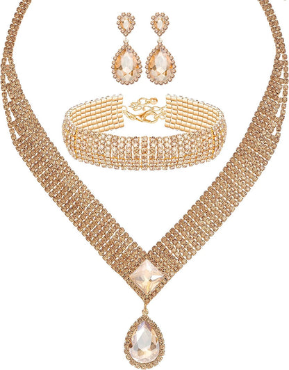 M MIRACULOUS GARDEN 3/4 Pieces Women Jewelry Set Rhinestone Tiara Crown Necklace Bangle Bracelet Crystal Teardrop Dangle Earrings and Rhinestone Handbag for Wedding Party Gold Plated Champagne Crystal Necklace Bracelet Earrings set