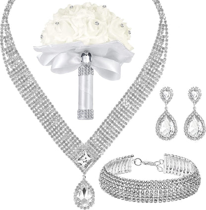 M MIRACULOUS GARDEN 3/4 Pieces Women Jewelry Set Rhinestone Tiara Crown Necklace Bangle Bracelet Crystal Teardrop Dangle Earrings and Rhinestone Handbag for Wedding Party Silver Plated White Rhinestone Crystal Necklace Bracelet Earrings Bouquet