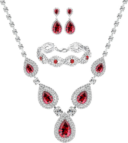 M MIRACULOUS GARDEN 3/4 Pieces Women Jewelry Set Rhinestone Tiara Crown Necklace Bangle Bracelet Crystal Teardrop Dangle Earrings and Rhinestone Handbag for Wedding Party Silver Plated Red Crystal Necklace Bracelet Earrings