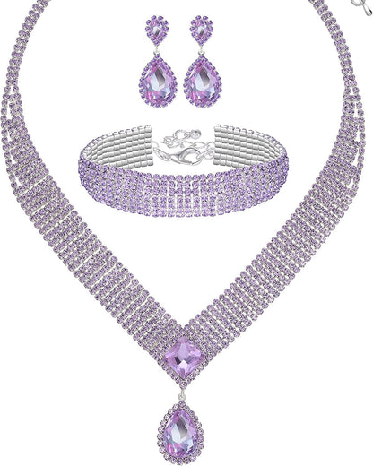 M MIRACULOUS GARDEN 3/4 Pieces Women Jewelry Set Rhinestone Tiara Crown Necklace Bangle Bracelet Crystal Teardrop Dangle Earrings and Rhinestone Handbag for Wedding Party Silver Plated Purple Rhinestone Necklace Bracelet Earrings