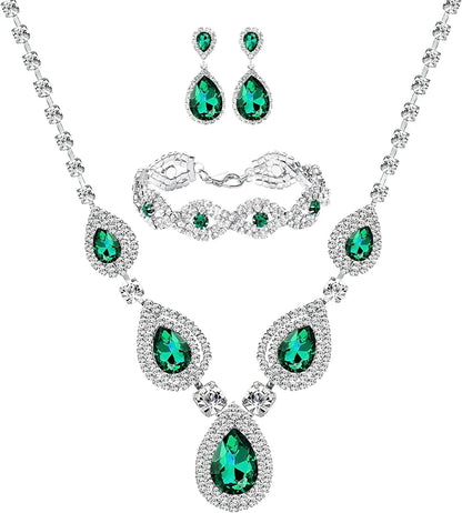 M MIRACULOUS GARDEN 3/4 Pieces Women Jewelry Set Rhinestone Tiara Crown Necklace Bangle Bracelet Crystal Teardrop Dangle Earrings and Rhinestone Handbag for Wedding Party Silver Plated Green Crystal Necklace Bracelet Earrings
