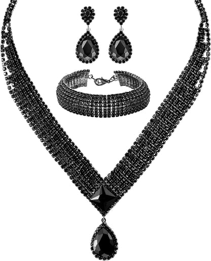 M MIRACULOUS GARDEN 3/4 Pieces Women Jewelry Set Rhinestone Tiara Crown Necklace Bangle Bracelet Crystal Teardrop Dangle Earrings and Rhinestone Handbag for Wedding Party Gun Black Plated Black Crystal Necklace Bracelet Earrings