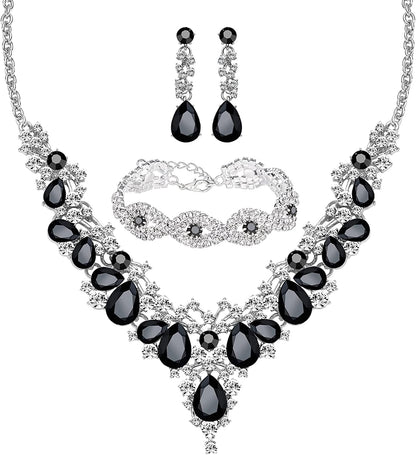 M MIRACULOUS GARDEN 3/4 Pieces Women Jewelry Set Rhinestone Tiara Crown Necklace Bangle Bracelet Crystal Teardrop Dangle Earrings and Rhinestone Handbag for Wedding Party Silver Plated White Rhinestone Black Crystal Necklace Bracelet Earrings
