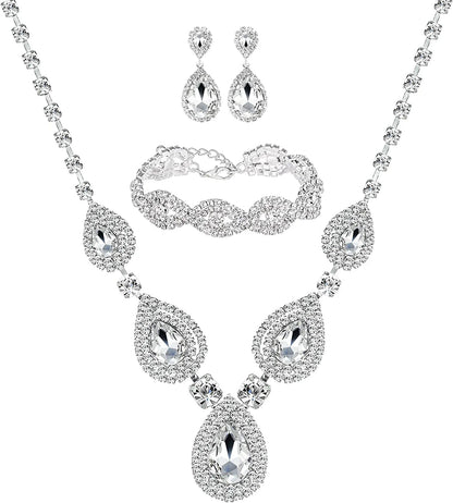 M MIRACULOUS GARDEN 3/4 Pieces Women Jewelry Set Rhinestone Tiara Crown Necklace Bangle Bracelet Crystal Teardrop Dangle Earrings and Rhinestone Handbag for Wedding Party White Necklace and Earrings set
