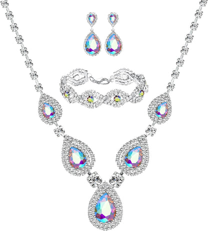 M MIRACULOUS GARDEN 3/4 Pieces Women Jewelry Set Rhinestone Tiara Crown Necklace Bangle Bracelet Crystal Teardrop Dangle Earrings and Rhinestone Handbag for Wedding Party Silver Plated AB Crystal Necklace Bracelet Earrings