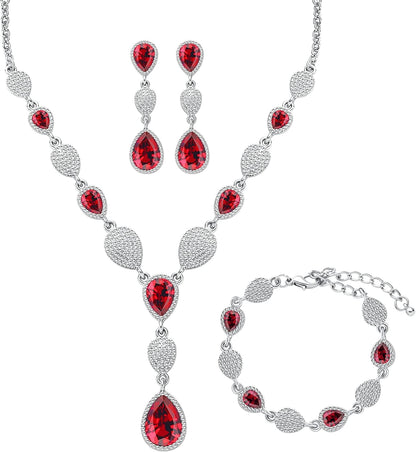 M MIRACULOUS GARDEN 3/4 Pieces Women Jewelry Set Rhinestone Tiara Crown Necklace Bangle Bracelet Crystal Teardrop Dangle Earrings and Rhinestone Handbag for Wedding Party A-Silver Plated White Rhinestone Red Crystal Necklace Bracelet Earrings