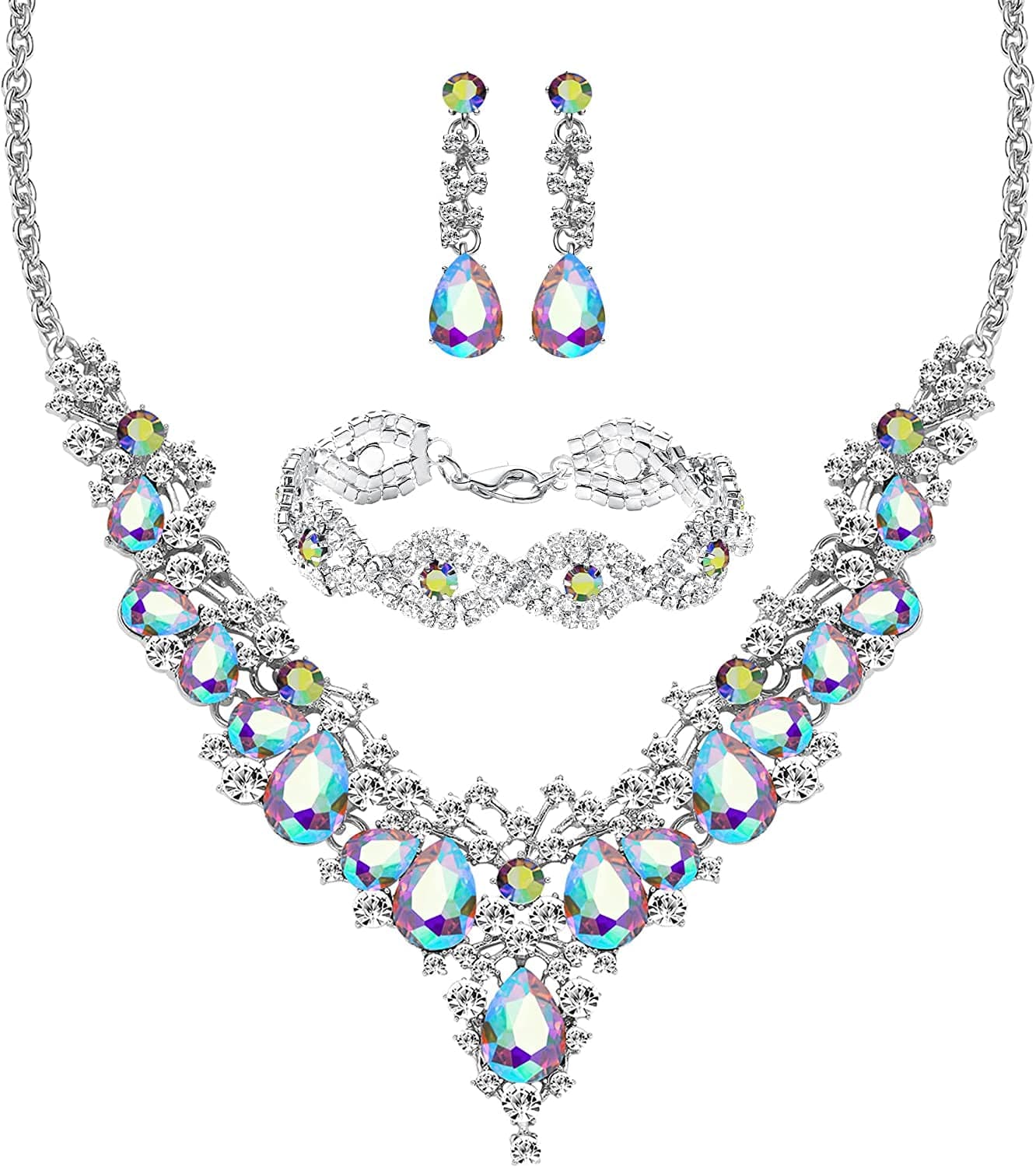 M MIRACULOUS GARDEN 3/4 Pieces Women Jewelry Set Rhinestone Tiara Crown Necklace Bangle Bracelet Crystal Teardrop Dangle Earrings and Rhinestone Handbag for Wedding Party Silver Plated White Rhinestone White AB Crystal Necklace Bracelet Earrings