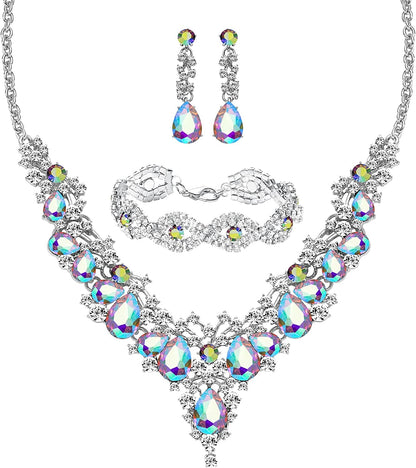 M MIRACULOUS GARDEN 3/4 Pieces Women Jewelry Set Rhinestone Tiara Crown Necklace Bangle Bracelet Crystal Teardrop Dangle Earrings and Rhinestone Handbag for Wedding Party Silver Plated White Rhinestone White AB Crystal Necklace Bracelet Earrings