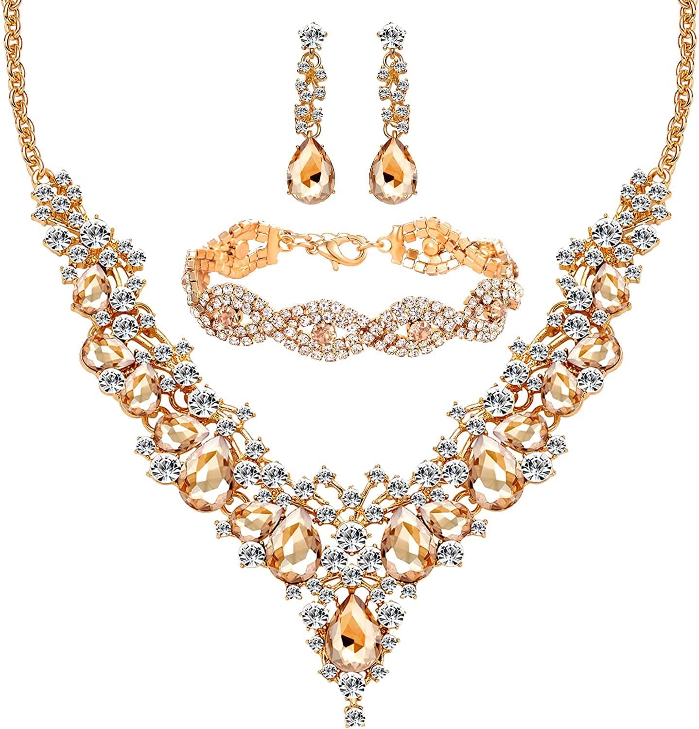 M MIRACULOUS GARDEN 3/4 Pieces Women Jewelry Set Rhinestone Tiara Crown Necklace Bangle Bracelet Crystal Teardrop Dangle Earrings and Rhinestone Handbag for Wedding Party Gold Plating Rhinestone Champagne Crystal Necklace Bracelet Earrings