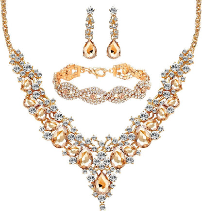 M MIRACULOUS GARDEN 3/4 Pieces Women Jewelry Set Rhinestone Tiara Crown Necklace Bangle Bracelet Crystal Teardrop Dangle Earrings and Rhinestone Handbag for Wedding Party Gold Plating Rhinestone Champagne Crystal Necklace Bracelet Earrings