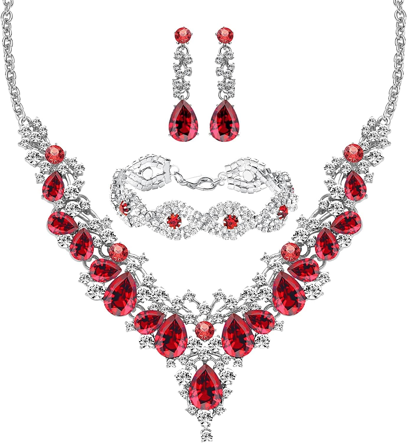 M MIRACULOUS GARDEN 3/4 Pieces Women Jewelry Set Rhinestone Tiara Crown Necklace Bangle Bracelet Crystal Teardrop Dangle Earrings and Rhinestone Handbag for Wedding Party Silver Plated White Rhinestone Red Crystal Necklace Bracelet Earrings