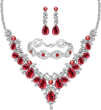 M MIRACULOUS GARDEN 3/4 Pieces Women Jewelry Set Rhinestone Tiara Crown Necklace Bangle Bracelet Crystal Teardrop Dangle Earrings and Rhinestone Handbag for Wedding Party Silver Plated White Rhinestone Red Crystal Necklace Bracelet Earrings