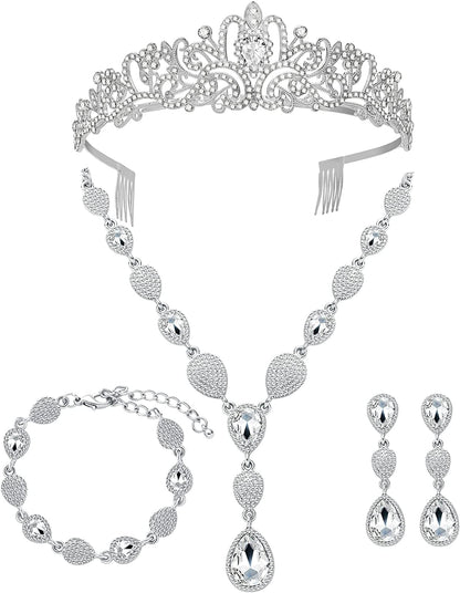 M MIRACULOUS GARDEN 3/4 Pieces Women Jewelry Set Rhinestone Tiara Crown Necklace Bangle Bracelet Crystal Teardrop Dangle Earrings and Rhinestone Handbag for Wedding Party A-Silver Plated White Rhinestone Crystal Necklace Tiara Crown Bracelet Earrings
