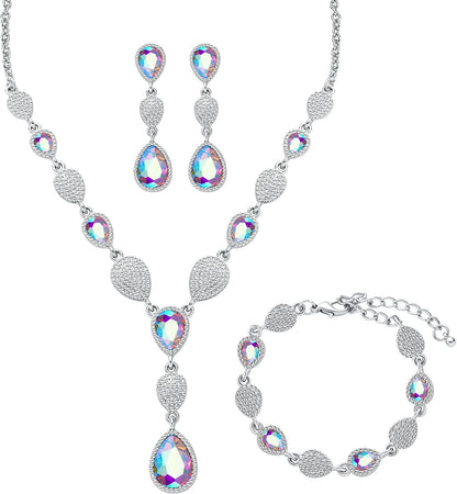 M MIRACULOUS GARDEN 3/4 Pieces Women Jewelry Set Rhinestone Tiara Crown Necklace Bangle Bracelet Crystal Teardrop Dangle Earrings and Rhinestone Handbag for Wedding Party A-Silver Plated White Rhinestone White AB Crystal Necklace Bracelet Earrings