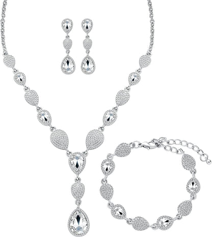M MIRACULOUS GARDEN 3/4 Pieces Women Jewelry Set Rhinestone Tiara Crown Necklace Bangle Bracelet Crystal Teardrop Dangle Earrings and Rhinestone Handbag for Wedding Party A-Silver Plated White Rhinestone Crystal Necklace Bracelet Earrings