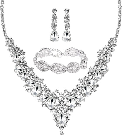 M MIRACULOUS GARDEN 3/4 Pieces Women Jewelry Set Rhinestone Tiara Crown Necklace Bangle Bracelet Crystal Teardrop Dangle Earrings and Rhinestone Handbag for Wedding Party Silver Plating Necklace Bracelet Earrings