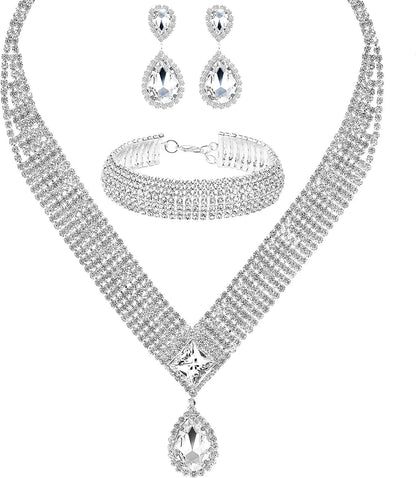 M MIRACULOUS GARDEN 3/4 Pieces Women Jewelry Set Rhinestone Tiara Crown Necklace Bangle Bracelet Crystal Teardrop Dangle Earrings and Rhinestone Handbag for Wedding Party Silver Plated Crystal Necklace Bracelet Earrings