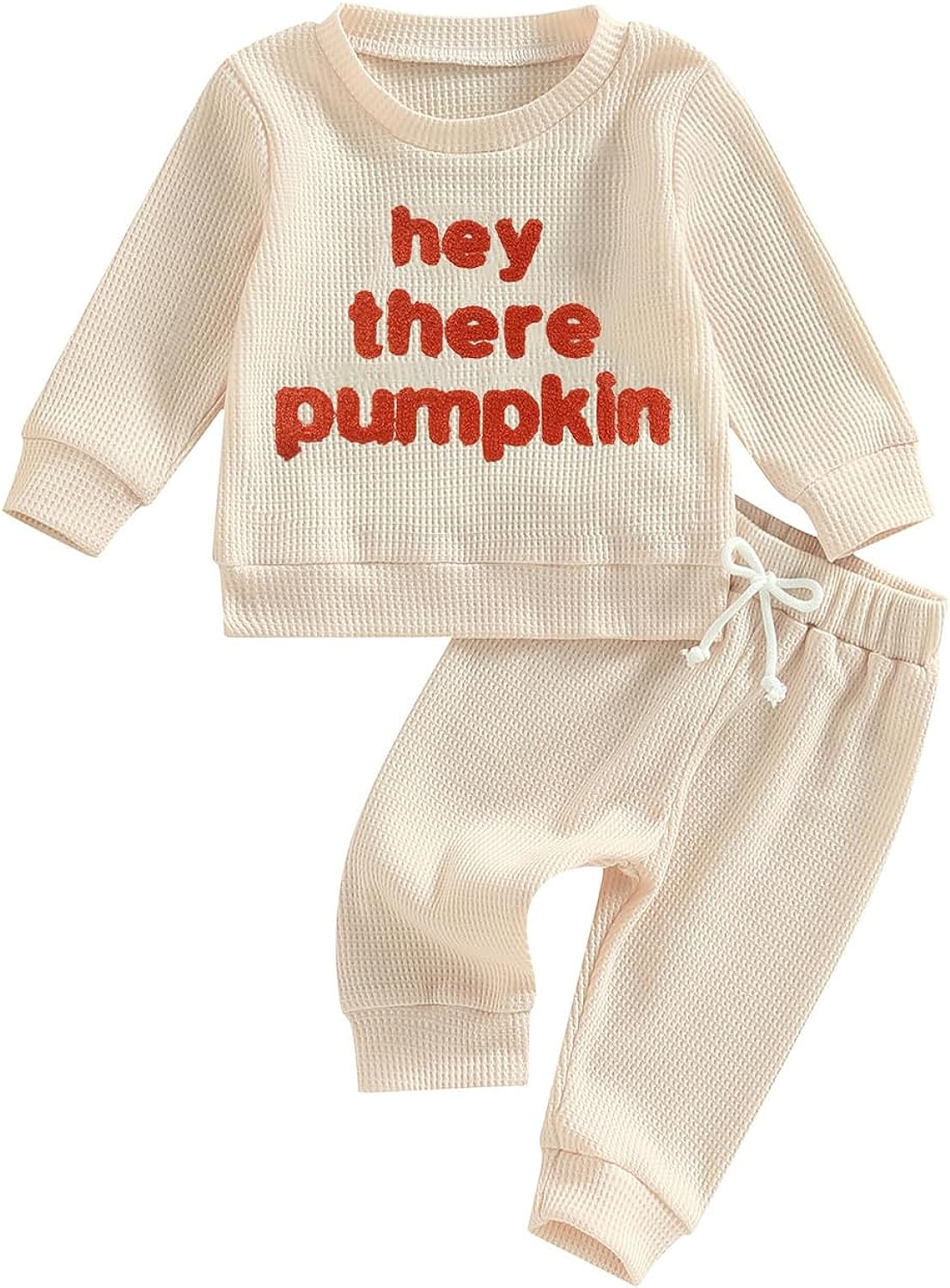 Madjtlqy Toddler Baby Girl Boy Fall Winter Waffle Outfit Set Letter Printed Long Sleeve Sweatshirt Tops + Pants Hey There Pumpkin / 12-18 Months