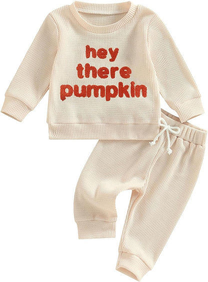 Madjtlqy Toddler Baby Girl Boy Fall Winter Waffle Outfit Set Letter Printed Long Sleeve Sweatshirt Tops + Pants Hey There Pumpkin / 12-18 Months