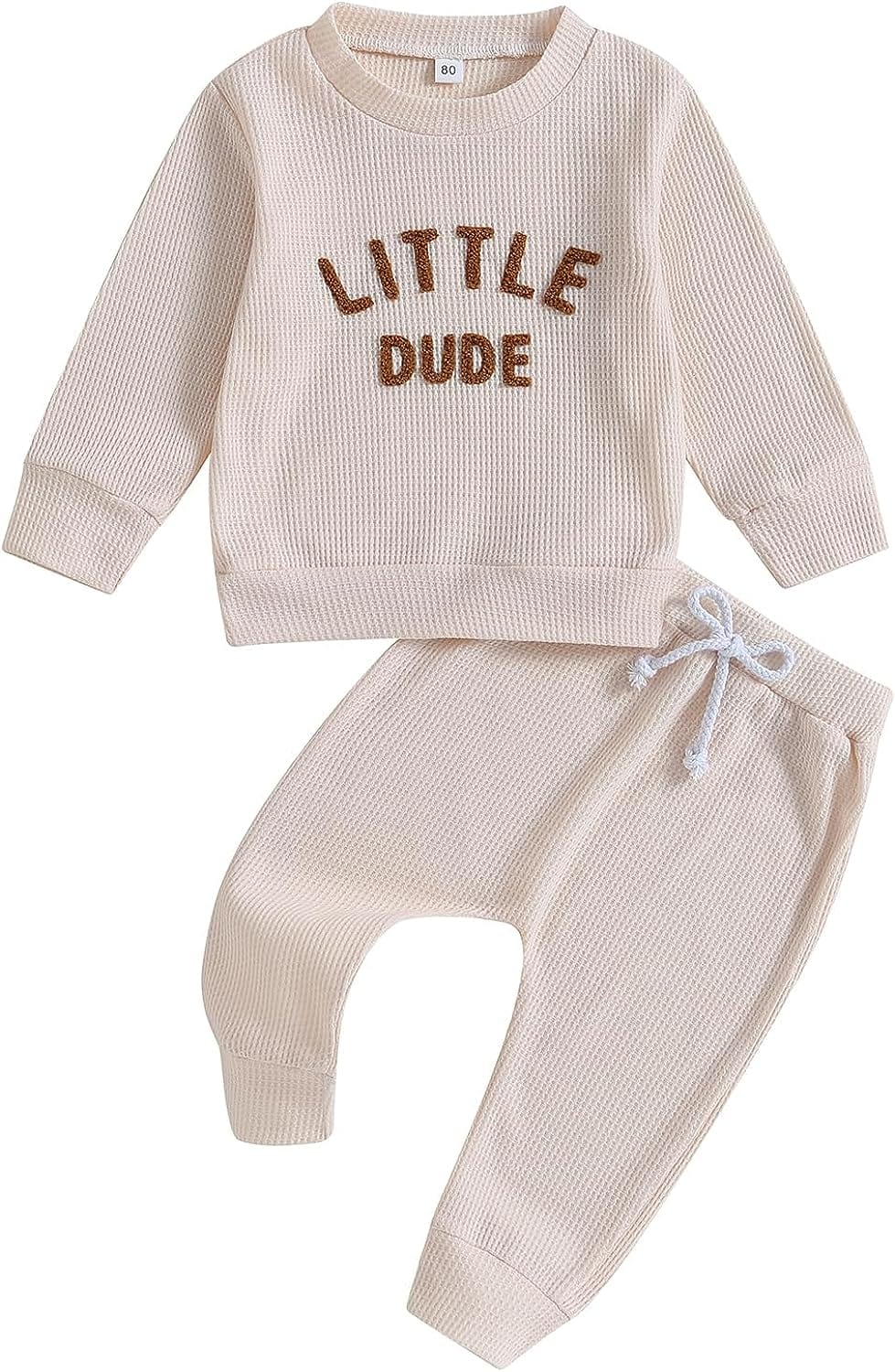 Madjtlqy Toddler Baby Girl Boy Fall Winter Waffle Outfit Set Letter Printed Long Sleeve Sweatshirt Tops + Pants Little Dude-Beige / 1-2T