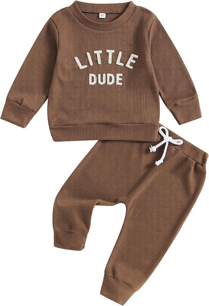 Madjtlqy Toddler Baby Girl Boy Fall Winter Waffle Outfit Set Letter Printed Long Sleeve Sweatshirt Tops + Pants Little Dude-Brown / 1-2T
