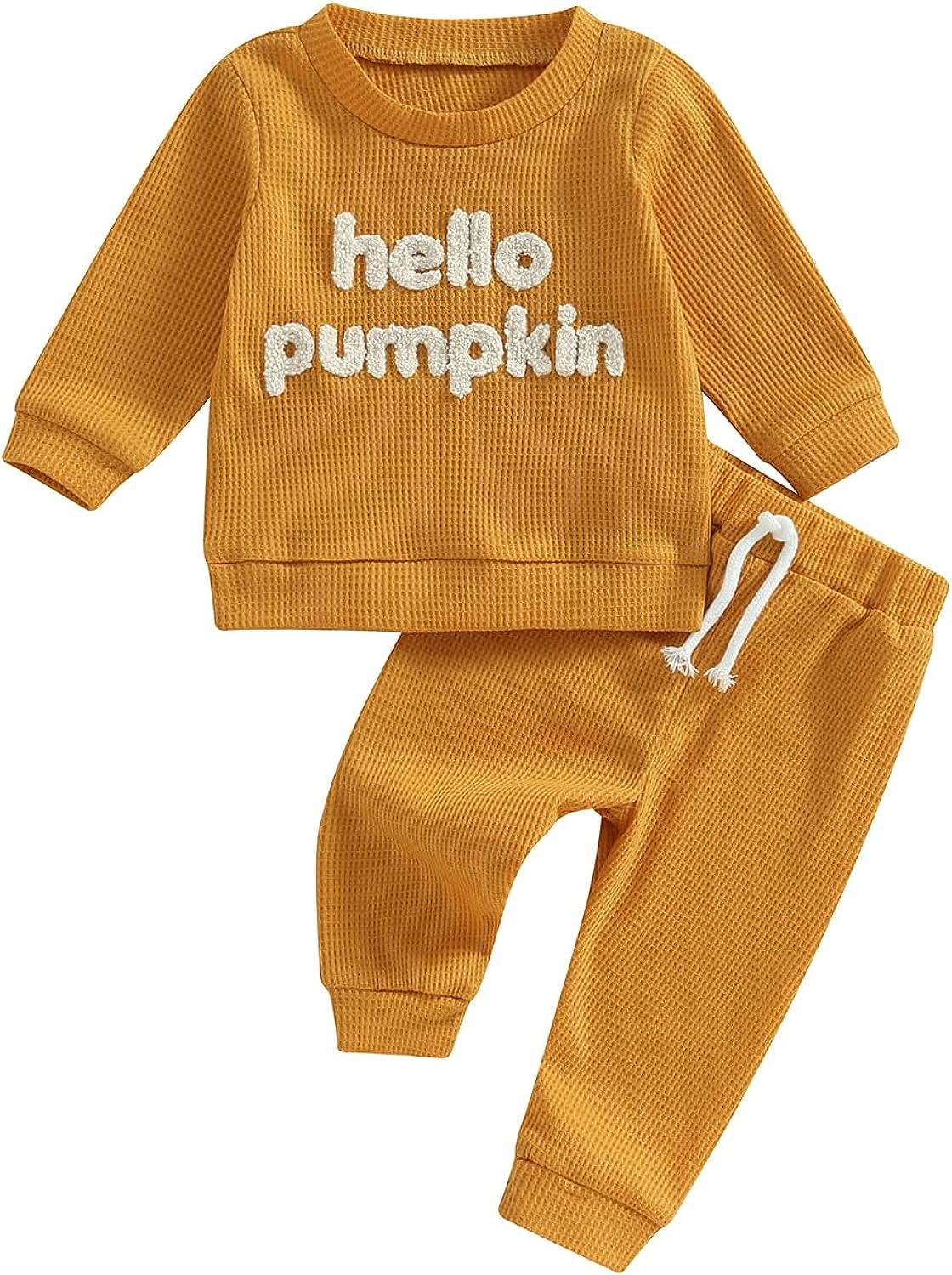 Madjtlqy Toddler Baby Girl Boy Fall Winter Waffle Outfit Set Letter Printed Long Sleeve Sweatshirt Tops + Pants Halloween-Pumpkin Color / 12-18 Months