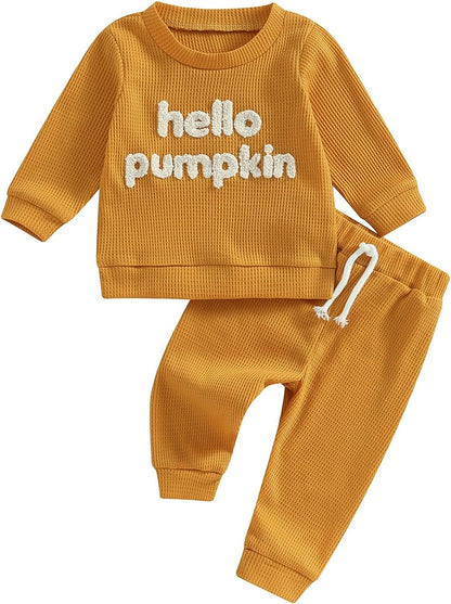Madjtlqy Toddler Baby Girl Boy Fall Winter Waffle Outfit Set Letter Printed Long Sleeve Sweatshirt Tops + Pants Halloween-Pumpkin Color / 12-18 Months