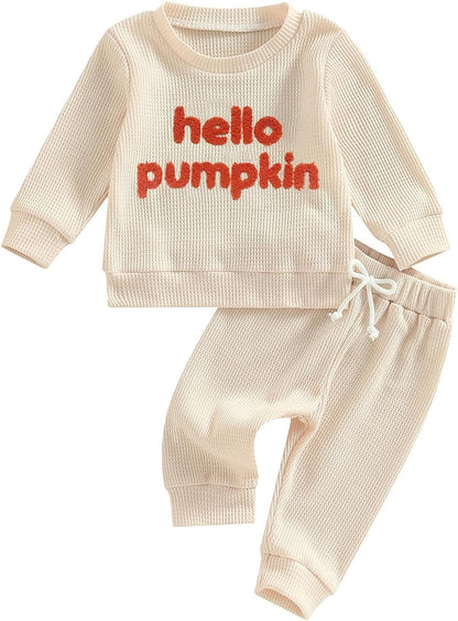 Madjtlqy Toddler Baby Girl Boy Fall Winter Waffle Outfit Set Letter Printed Long Sleeve Sweatshirt Tops + Pants Halloween / 12-18 Months