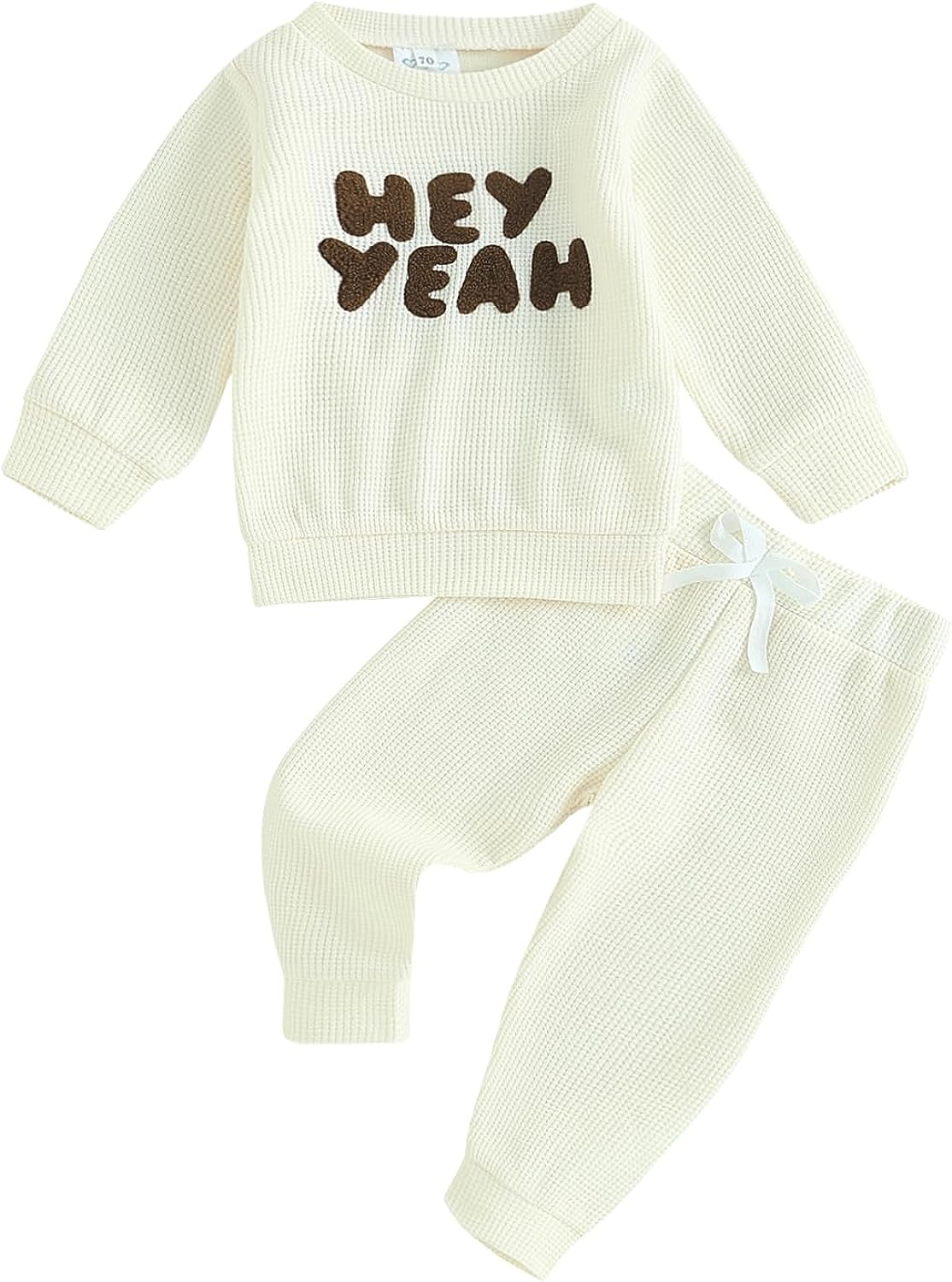 Madjtlqy Toddler Baby Girl Boy Fall Winter Waffle Outfit Set Letter Printed Long Sleeve Sweatshirt Tops + Pants Hey Yeah / 0-6 Months