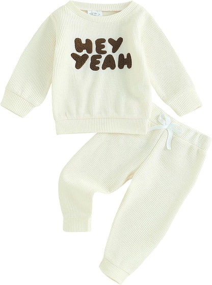Madjtlqy Toddler Baby Girl Boy Fall Winter Waffle Outfit Set Letter Printed Long Sleeve Sweatshirt Tops + Pants Hey Yeah / 0-6 Months