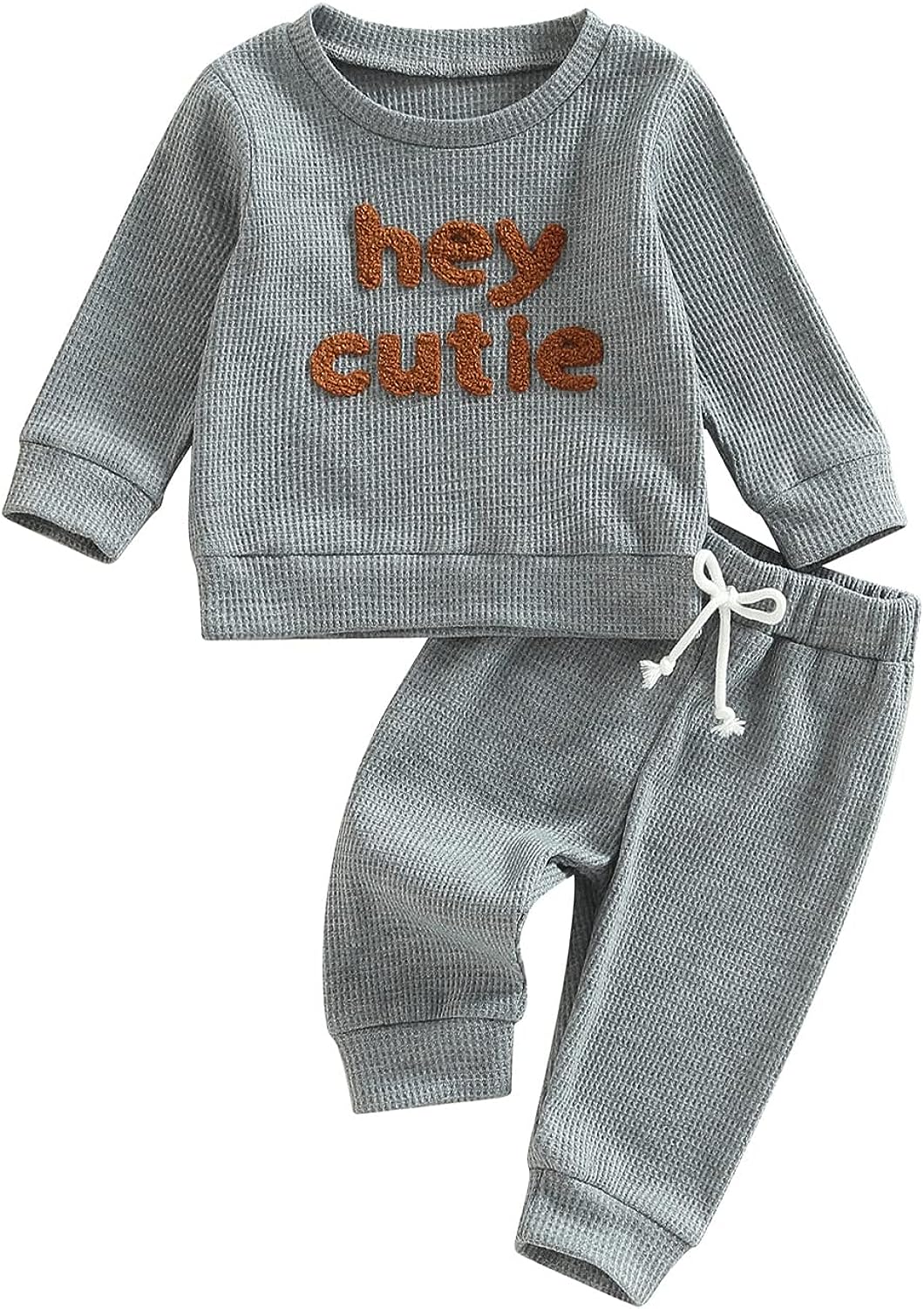 Madjtlqy Toddler Baby Girl Boy Fall Winter Waffle Outfit Set Letter Printed Long Sleeve Sweatshirt Tops + Pants Grey / 12-18 Months