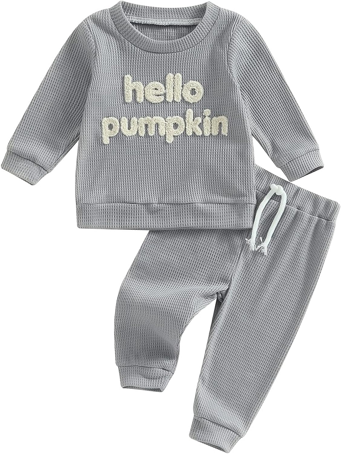 Madjtlqy Toddler Baby Girl Boy Fall Winter Waffle Outfit Set Letter Printed Long Sleeve Sweatshirt Tops + Pants Halloween-Gray / 12-18 Months