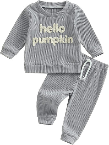 Madjtlqy Toddler Baby Girl Boy Fall Winter Waffle Outfit Set Letter Printed Long Sleeve Sweatshirt Tops + Pants Halloween-Gray / 12-18 Months