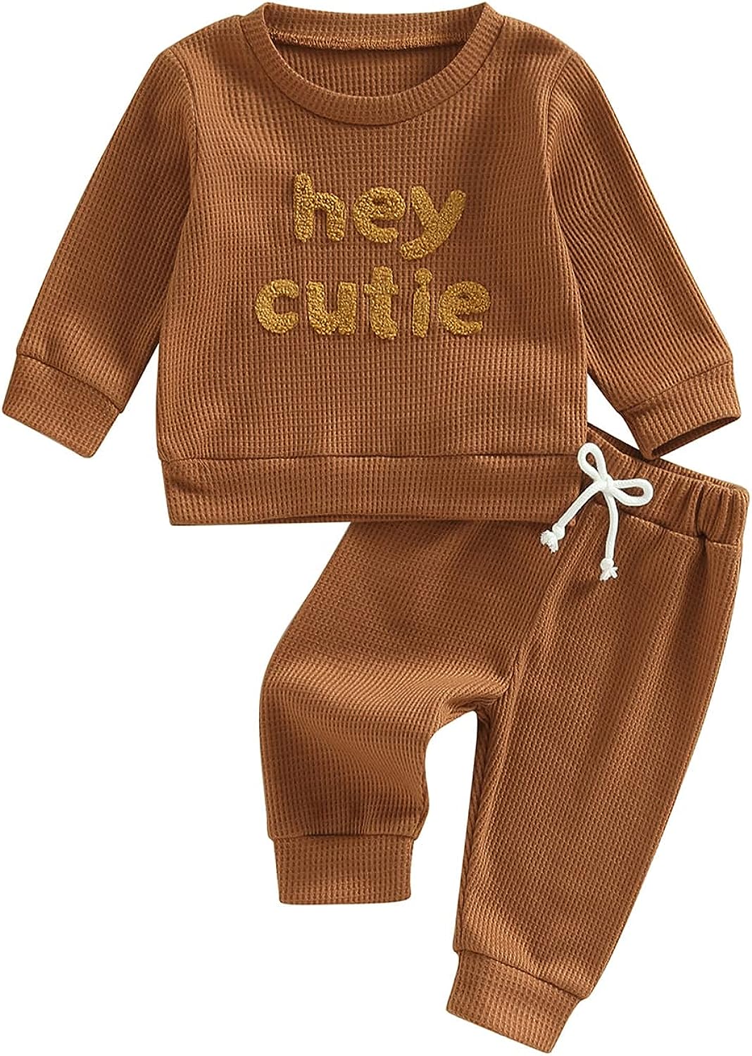 Madjtlqy Toddler Baby Girl Boy Fall Winter Waffle Outfit Set Letter Printed Long Sleeve Sweatshirt Tops + Pants Caramel / 12-18 Months