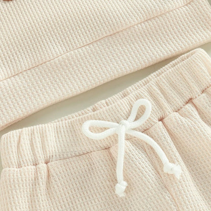 Madjtlqy Toddler Baby Girl Boy Fall Winter Waffle Outfit Set Letter Printed Long Sleeve Sweatshirt Tops + Pants
