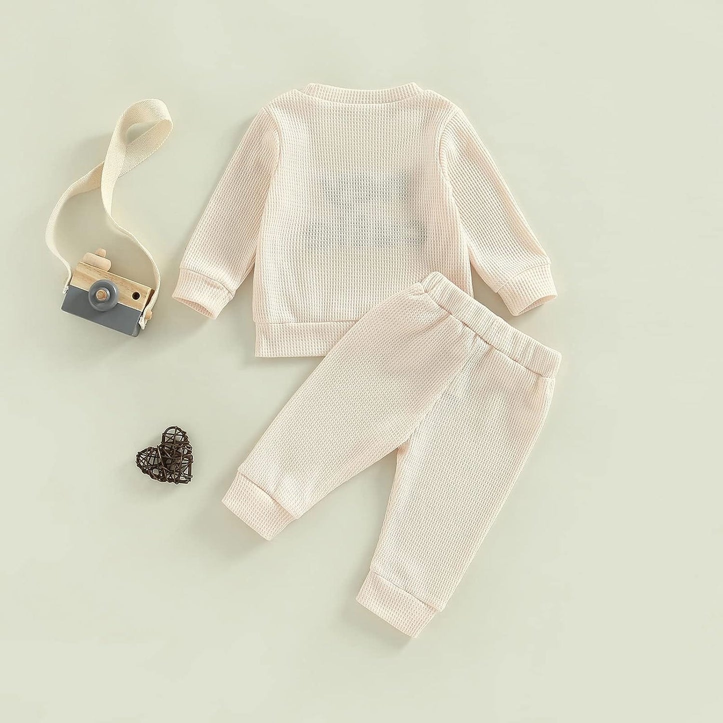 Madjtlqy Toddler Baby Girl Boy Fall Winter Waffle Outfit Set Letter Printed Long Sleeve Sweatshirt Tops + Pants