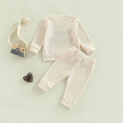 Madjtlqy Toddler Baby Girl Boy Fall Winter Waffle Outfit Set Letter Printed Long Sleeve Sweatshirt Tops + Pants