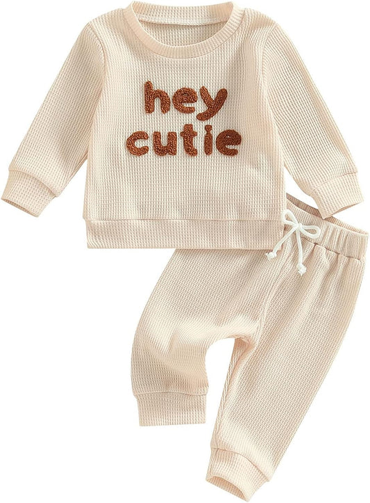 Madjtlqy Toddler Baby Girl Boy Fall Winter Waffle Outfit Set Letter Printed Long Sleeve Sweatshirt Tops + Pants Apricot / 12-18 Months
