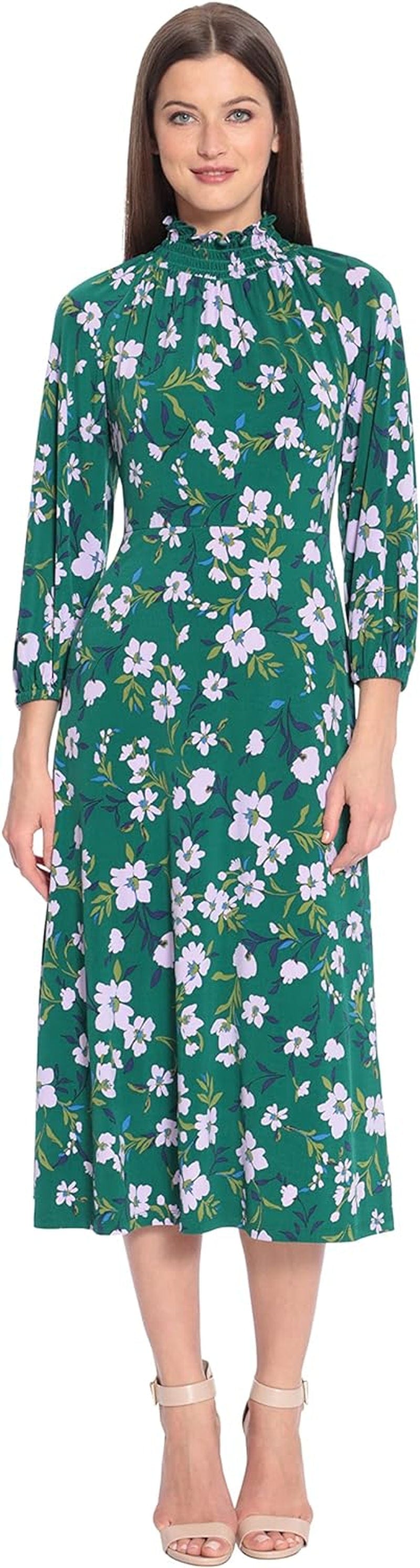 Maggy London Women'S Mini Ruffle Smocked Mock Neck Midi Dress Garden Green/Lilac / 16