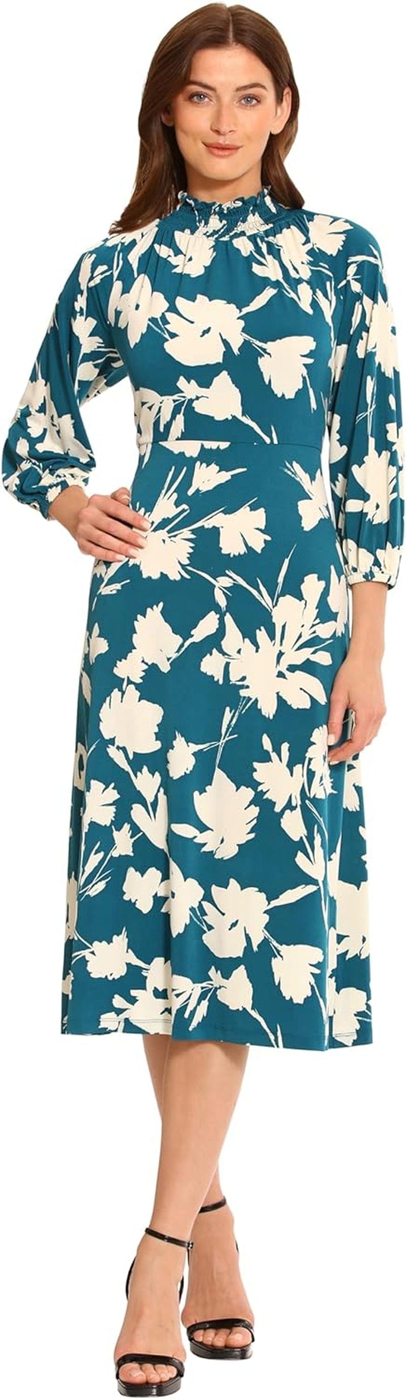 Maggy London Women'S Mini Ruffle Smocked Mock Neck Midi Dress Teal/Ivory / 2