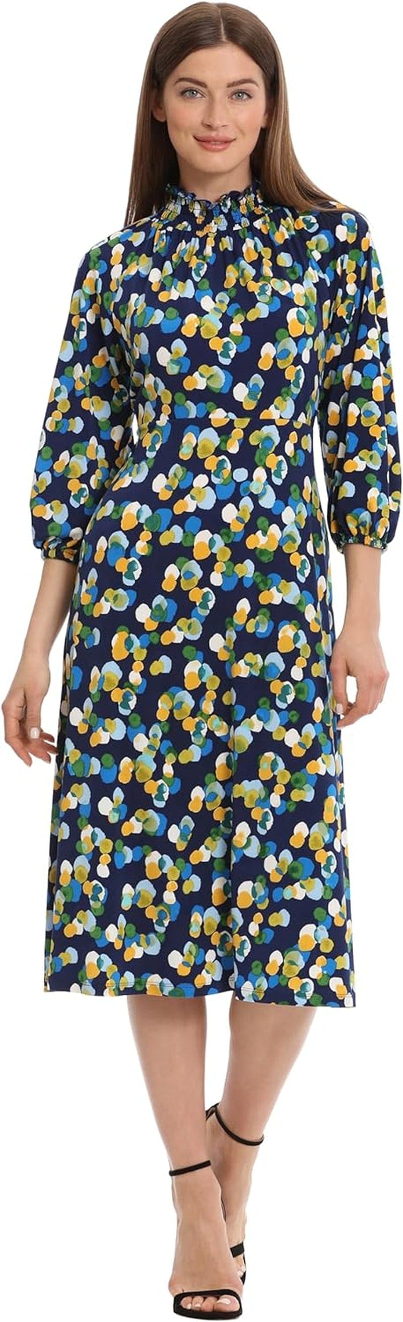 Maggy London Women'S Mini Ruffle Smocked Mock Neck Midi Dress Navy/Citronella / 2
