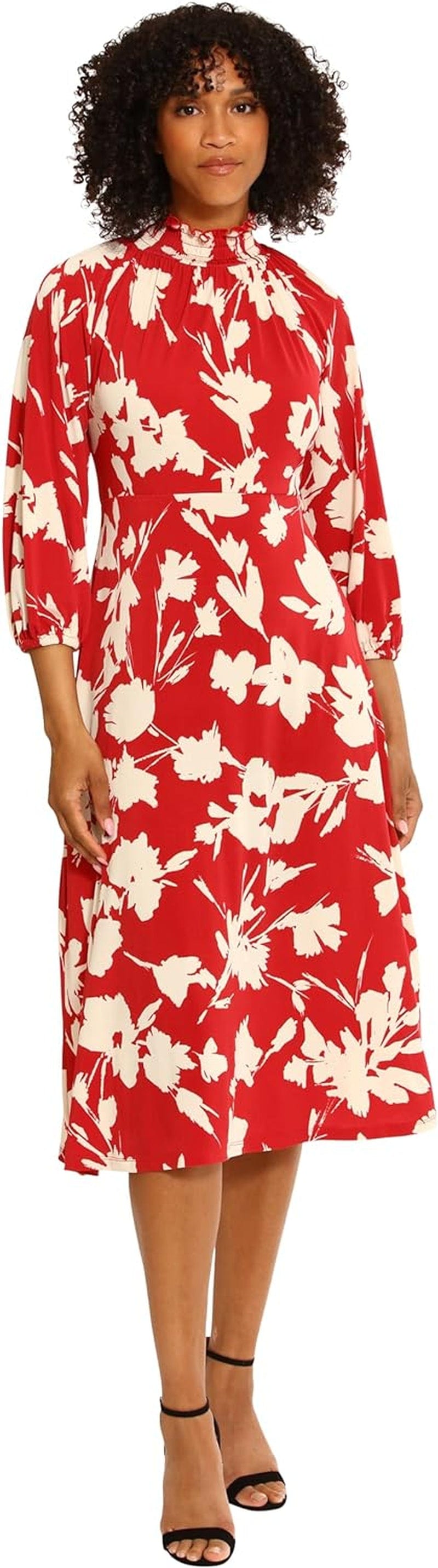 Maggy London Women'S Mini Ruffle Smocked Mock Neck Midi Dress Red/Ivory / 2