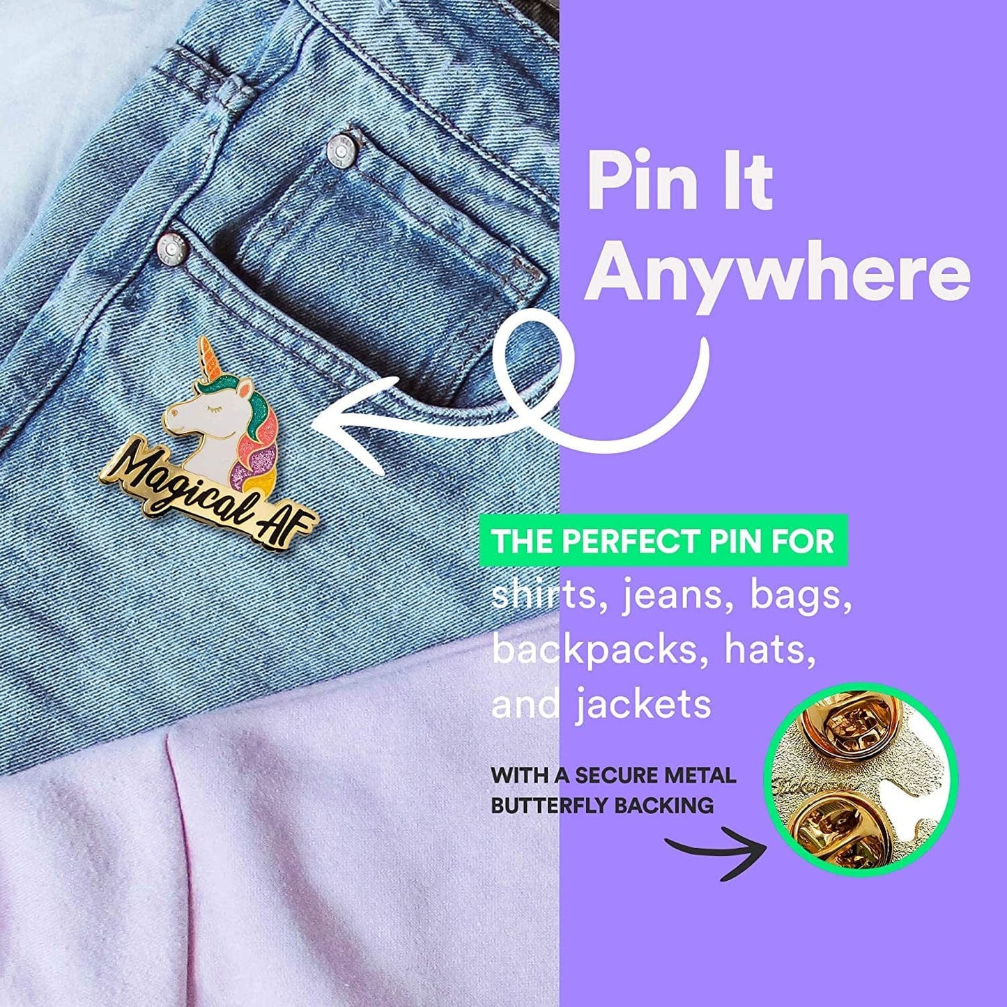 Magical AF Unicorn Enamel Lapel Pin, Cute & Funny Glittery Rainbow Unicorn, 1.4 Inches